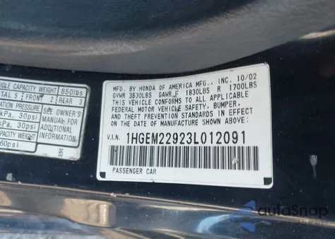 2003 Honda Civic Ex z USA, uszkodzony, nr VIN 1HGEM22923L012091